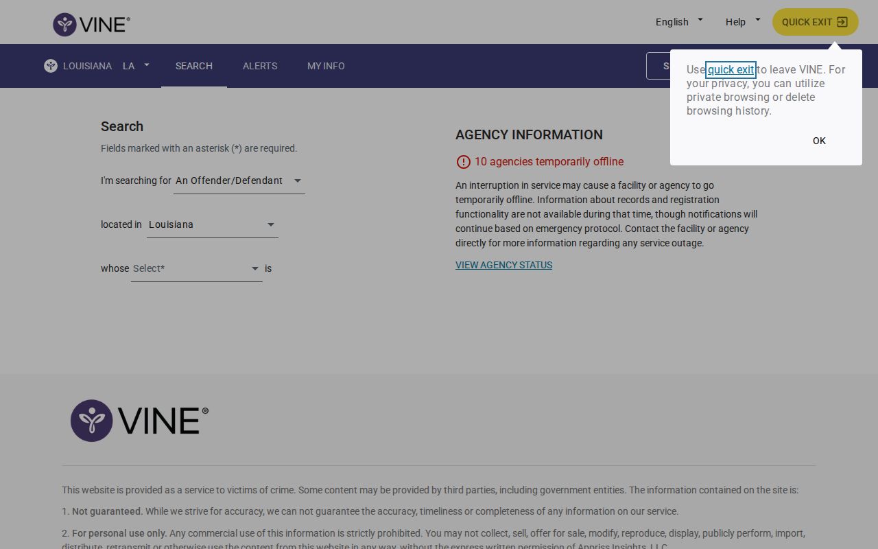 Louisiana VINELink person search for an Iberville Parish release check